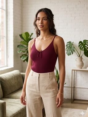 Ribbed V-Neck Camisole Tank in Wine